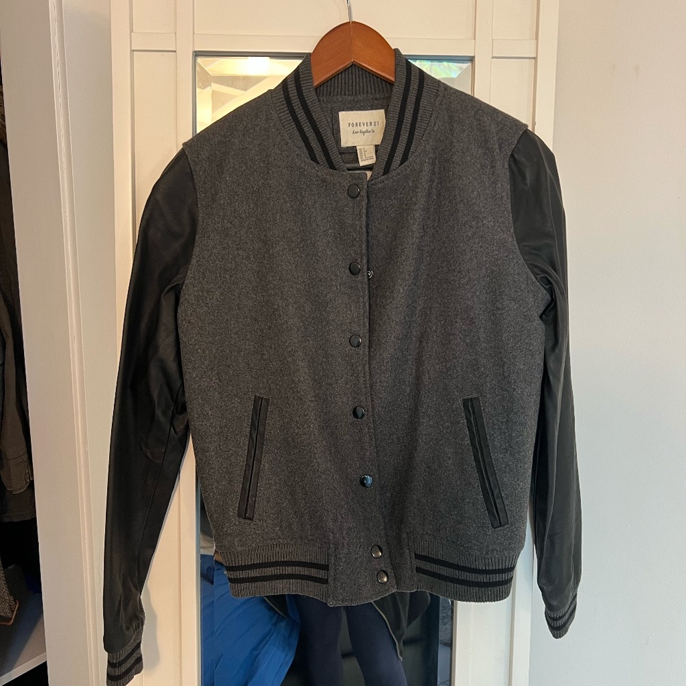 Faux Leather Wool Bomber Jacket